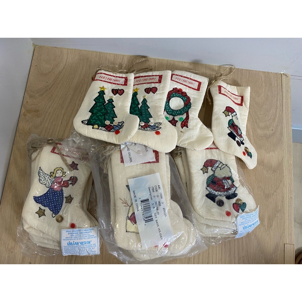 Vintage Lillian Vernon Country Christmas Stocking Ornaments Cotton Set 80s 90s